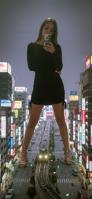 giantess city sandals long_hair buildings phone skyscraper standing holding tokyo night towering outdoors tinies cellphone tiny_cars