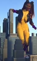 breasts giantess city mega large_breasts handheld buildings glasses brunette gloves boots twintails dangle dark_skin thighs jacket jumpsuit pinched digital_render allthesizepuns