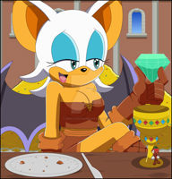 breasts drawing giantess furry wings mega color blue_eyes cleavage castle gloves boots sonic_the_hedgehog unaware hiding indoors plate jack_and_the_beanstalk rouge_the_bat legs_crossed knuckles_the_echidna thief pointed_ears emerald nightcore100 goblet gold crumbs heavy_eyeshadow master_emerald