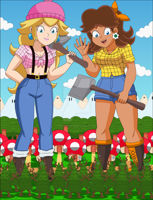 breasts drawing giantess mega blonde color large_breasts long_hair blue_eyes princess_peach buildings jeans brunette short_hair boots shorts parody monster mountains giantesses forest pants super_mario dark_skin hat shirt waving earrings trees top belt hairband princess_daisy axe looking_at_tiny bare_legs nightcore100 bare_midriff lumberjack paul_bunyan