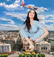 breasts black_hair long_hair cleavage buildings military lips asian dress day skyscraper cloud outdoors sky shirt katy_perry aircraft solo military_vehicle celebrities_fetish giantess collage city celebrity