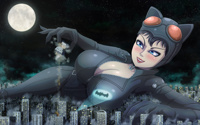 drawing growth giantess city mega black_hair color destruction blue_eyes clothed handheld rampage cleavage buildings huge_breasts smiling moon gloves lying_down short_hair mask batman night thighs outdoors choker catsuit goggles belt stars catwoman debris zipper thief pinched looking_at_tiny dc_comics gotham_city thedaibijin bat_signal skintight_clothing