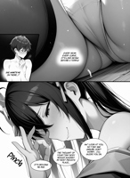 breasts blushing comic monochrome large_breasts long_hair butt underwear smiling bangs greyscale 1girl 1boy high_ponytail kuniyuki_create giantess panties handheld between_fingers looking_at_tiny azur_lane taihou