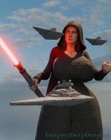 breasts giantess giga large_breasts cleavage desert brunette brown_eyes yellow_eyes spaceship short_hair star_wars thighs hood thick_thighs lightsaber looking_at_tiny digital_render sith robes rey_(star_wars) star_destroyer dderp214 darth_rey