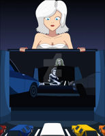 breasts drawing giantess white_hair blonde monochrome color long_hair clothed cleavage ginormica parody vehicles movie night monsters_vs_aliens stars drive_in_theater attack_of_the_50_foot_woman nancy_archer susan_murphy dreamworks nightcore100 makeshift_clothing