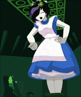 breasts drawing growth giantess mega black_hair color green_hair dress crown parody indoors alice_in_wonderland closed_eyes white_skin dc_comics queen_of_hearts shrinking_violet nightcore100 legion_of_superheroes flower_in_hair scepter hair_streak emerald_empress court_room