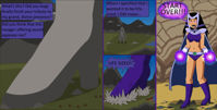 breasts drawing giantess giga mega comic black_hair color long_hair armor water high_heels buildings angry purple_eyes goddess teen_titans gloves starfire boots foot_crush shorts mountains lake clouds costume statue cape top belt dialogue tiara dc_comics bare_legs nightcore100 bare_midriff blackfire