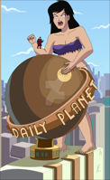 breasts drawing growth giantess city mega black_hair color long_hair destruction barefoot rampage cleavage buildings purple_eyes shorts parody superman lois_lane king_kong globe cape top ripped_clothing reporter looking_at_tiny dc_comics bare_legs daily_planet nightcore100 bare_midriff
