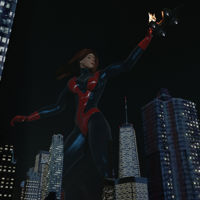 breasts giantess giga city mega large_breasts long_hair destruction handheld buildings green_eyes gloves red_hair boots fire night thighs towering costume giant_girl aircraft digital_render mary_jane helicarrier marvel_comics ci0 spider-man