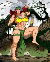 breasts drawing giantess white_hair mega color toes barefoot cleavage bra green_eyes brunette dinosaur muscles jungle abs fighting mountains thighs flexing costume trees top t-rex looking_at_viewer ripped_clothing headband hands_on_hips x-men loincloth bare_legs marvel_comics makeshift_clothing bare_midriff rogue_(x-men) bigchipher66 dncsamsonart marvel_rivals