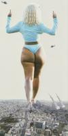 city blonde butt destruction buildings shorts trample standing behind_view long_sleeves 1girl full_body giantess mega helicopter celebrity big_ass doja_cat watda89