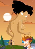 breasts drawing giantess nude mega black_hair color butt water purple_hair smiling asian ponytail sun shorts thighs leela futurama sunset trees ripped_clothing orange_hair hairband looking_behind looking_at_tiny amy_wong philip_j_fry spider-matt