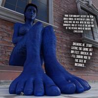 breasts micro nude claws toes barefoot colossus multiple_sizes red_hair sitting foot_crush blue_skin shrunken_man mask between_toes costume dialogue x-men wolverine digital_render mystique cyclops marvel_comics looking_at_tinies sctheriaultgts