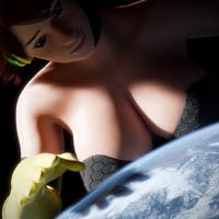 breasts giantess earth giga space large_breasts blue_eyes planet cleavage brunette superhero gloves avengers clouds costume digital_render cosmic_giantess janet_van_dyne marvel_comics the_wasp avengers_earths_mightiest_heroes justablenderusername
