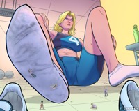 breasts drawing blonde black_hair color blue_eyes shoes brunette sweat socks sitting foot_crush shorts unaware workout shrunken_woman shrunken_man weights scientist dark_skin indoors fantastic_four top lab_coat stuck_to_foot bare_legs invisible_woman marvel_comics bare_midriff sportswear excercise shrinkfan susan_storm