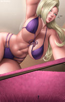 bikini drawing micro blonde comic color large_breasts long_hair cleavage green_eyes crawling abs shrunken_man carpet thighs bare_legs bare_midriff carpet_fibers hellraaisin naruto ino_yamanaka boruto