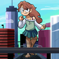 breasts drawing giantess city mega color long_hair bridge destruction skirt buildings glasses brunette fishnets necklace cracked_ground nerd letsgetbig