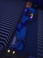 breasts giantess city mega blonde large_breasts long_hair destruction blue_eyes buildings helicopter samus_aran metroid night thighs stuck between_buildings zero_suit_samus digital_render omni-crafter