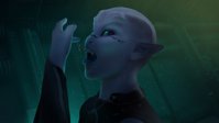 open_mouth breasts drawing giantess vore color tongue saliva black_eyes fangs shrunken_woman indoors tattoo necklace dropped zaximus-prime