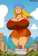 breasts drawing giantess city blonde color blue_eyes cleavage skirt buildings huge_breasts sitting thighs trees top total_drama_island bare_legs lindsay head_scarf red5805