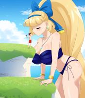 breasts drawing giantess blushing mega blonde color large_breasts long_hair swimsuit barefoot cleavage water ocean brunette couple kissing rose clouds disney closed_eyes point_of_view hair_bow necklace earrings bracelet cliff hairband thick_thighs gravity_falls bare_legs dipper_pines pacifica_northwest bare_midriff riouku