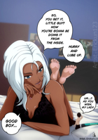 drawing white_hair black_hair color blue_eyes toes barefoot bra bed underwear lying_down phone shorts storm shrunken_man dark_skin poster bedroom tv pillows dialogue x-men legs_crossed looking_at_tiny marvel_comics marvel_rivals erickun123