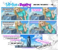 gentle giantess comic superhero breasts city mega blonde large_breasts long_hair buildings green_eyes smiling skyline day skyscraper cloud english sky shirt looking_at_viewer short_sleeves daichi777 cloudy_sky