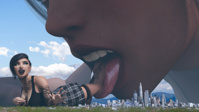 breasts giga city mega black_hair cleavage skirt short_hair day open_mouth cloud lipstick outdoors sky jewelry tattoo makeup digital_render relisys66 solo giantess vore multiple_sizes mouthplay shrunken_man