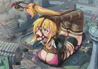 giantess stockings bondage bdsm city mega blonde large_breasts long_hair blue_eyes bra buildings tank underwear ponytail vehicles thigh_highs gagged multicolored_hair black_legwear bra_peek