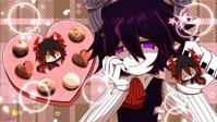 drawing horns black_hair giant male clothed handheld demon angry crying tiny purple_eyes sweat smiling short_hair gay heart shrunken_man food devil dangle background painted_fingernails candy chocolate shirt orange_eyes unwilling licking_lips white_skin valentines_day looking_at_tiny yaoi hand_on_head super_deformed 2d ivlis satanick funamusea the_gray_garden seaside_dispatches ahi_neveah