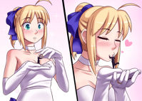 giantess saber fatestaynight arturia fate_series breasts drawing blushing blonde cleavage green_eyes gloves ponytail dress heart shrunken_man jewelry wedding choker bow rings hair_bow bare_shoulders elbow_gloves white_gloves thunderafterdark sparkle 1girl collarbone blue_bow wedding_band