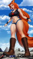 breasts crush furry tail mega large_breasts long_hair lips fox_ears fox_tail police boots navel day highway cloud vehicles athletic sky point_of_view orange_hair wristband high_heel_boots crop_top bare_midriff very_long_hair adgts brown_footwear giantess