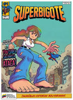 giantess comic superhero breasts long_hair barefoot jeans brunette purple_eyes parody shrunken_man pants dirty ripped_clothing denim cover_page torn_jeans fake_cover torn_shirt torn_pants spanish_text damaged