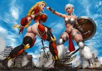breasts drawing giantess white_hair panties city mega blonde color butt armor destruction blue_eyes sword fantasy cleavage bra buildings brown_eyes gloves ponytail boots twintails fighting giantesses vehicles punch thighs fist tattoo choker braid axe shield loincloth bare_legs bare_midriff admdraws becca nyordra