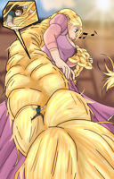 breasts drawing giantess blonde color large_breasts long_hair green_eyes climbing brunette dress boots unaware shrunken_man pants disney point_of_view braid tangled belt rapunzel cutaway greenmatcha flynn_rider