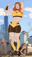 breasts drawing giantess city color long_hair destruction rampage buildings green_eyes giganta red_hair boots muscles shorts abs thighs flexing costume top armbands dc_comics bare_midriff pepedraws
