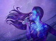 giantess breasts drawing color long_hair handheld glasses shoes brunette kissing pants scientist universe closed_eyes stars lab_coat celestial megs apetruk