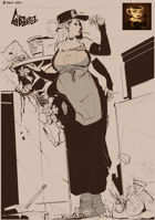 breasts drawing city mega monochrome large_breasts destruction cleavage buildings helicopter shoes blood military tank street gore hand_crush vehicles coffee thighs hat earrings baseball_cap missile tray extra_arms hair_bun godjirezarts giantess pocket apron milf