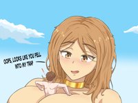 giantess breasts drawing nude blushing mega color large_breasts brunette brown_eyes collar clouds dialogue looking_at_tiny between_breasts juliansky