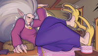 giantess eda_clawthorne the_owl_house breasts blushing long_hair yellow_eyes dress lying_down nail_polish pointed_ears very_long_hair 1girl mthsmelo drawing growth white_hair color destruction skirt disney slippers outgrowing_room cake alice_in_wonderland