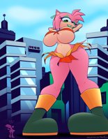 breasts drawing giantess tail cat city mega color cleavage bra skirt buildings green_eyes smiling amy_rose boots sonic_the_hedgehog hedgehog cosplay thighs necklace blaze_the_cat earrings hairband jungle_de_ikou looking_at_tiny bare_legs pink_skin bare_midriff heavy_eyeshadow hyperflannel