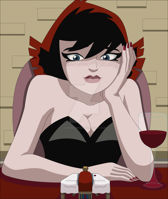 breasts drawing blushing blonde color blue_eyes cleavage brunette couple dress table shrunken_man avengers indoors wine date ant-man wine_glass valentines_day looking_at_tiny janet_van_dyne marvel_comics nightcore100 the_wasp avengers_earths_mightiest_heroes hank_pym