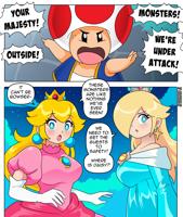 toad nico_neko giantess breasts blushing blonde comic long_hair blue_eyes princess_peach gloves dress mushroom crown open_mouth english pink_dress jewelry earrings elbow_gloves white_gloves princess_rosalina speech_bubble multiple_girls 2girls 1boy hair_over_one_eye symbol-shaped_pupils