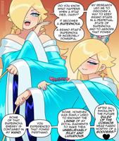 nico_neko giantess blushing blonde comic long_hair blue_eyes smiling crown open_mouth english jewelry earrings dialogue bare_shoulders wand princess_rosalina speech_bubble multiple_girls hair_over_one_eye star_earrings off_shoulder aqua_dress