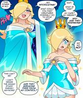 blushing blonde comic long_hair blue_eyes dress crown open_mouth english jewelry earrings bare_shoulders wand princess_rosalina speech_bubble sparkle multiple_girls hair_over_one_eye off_shoulder aqua_dress off-shoulder_dress sparkle_background giantess