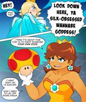 giantess breasts blushing blonde comic long_hair blue_eyes cleavage brunette gloves dress crown english jewelry earrings princess_daisy white_gloves princess_rosalina speech_bubble multiple_girls hair_over_one_eye nico_neko