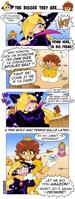 giantess breasts drawing blushing mega blonde comic color long_hair blue_eyes handheld cleavage princess_peach brunette gloves dress mushroom crown super_mario dark_skin fist cape earrings bracelet dialogue cliff princess_daisy looking_at_tiny spikes wapeach