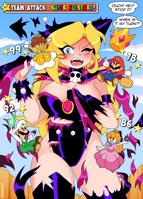 breasts drawing mega blonde comic black_hair color long_hair blue_eyes cleavage mario princess_peach huge_breasts brunette gloves dress boots crown fighting luigi super_mario thighs hat cape earrings bomb ripped_clothing leotard bracelet dialogue princess_daisy hammer spikes bare_legs looking_at_tinies wapeach giantess