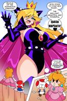 breasts drawing mega blonde comic color long_hair blue_eyes cleavage princess_peach huge_breasts gloves dress boots toad crown super_mario thighs hat cape earrings belt leotard bracelet dialogue cliff spikes bare_legs cutaway looking_at_tinies wapeach giantess
