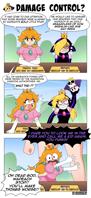 giantess breasts drawing growth blushing mega blonde comic color long_hair blue_eyes princess_peach gloves dress mushroom crown table super_mario thighs hat earrings leotard dialogue bare_legs wapeach